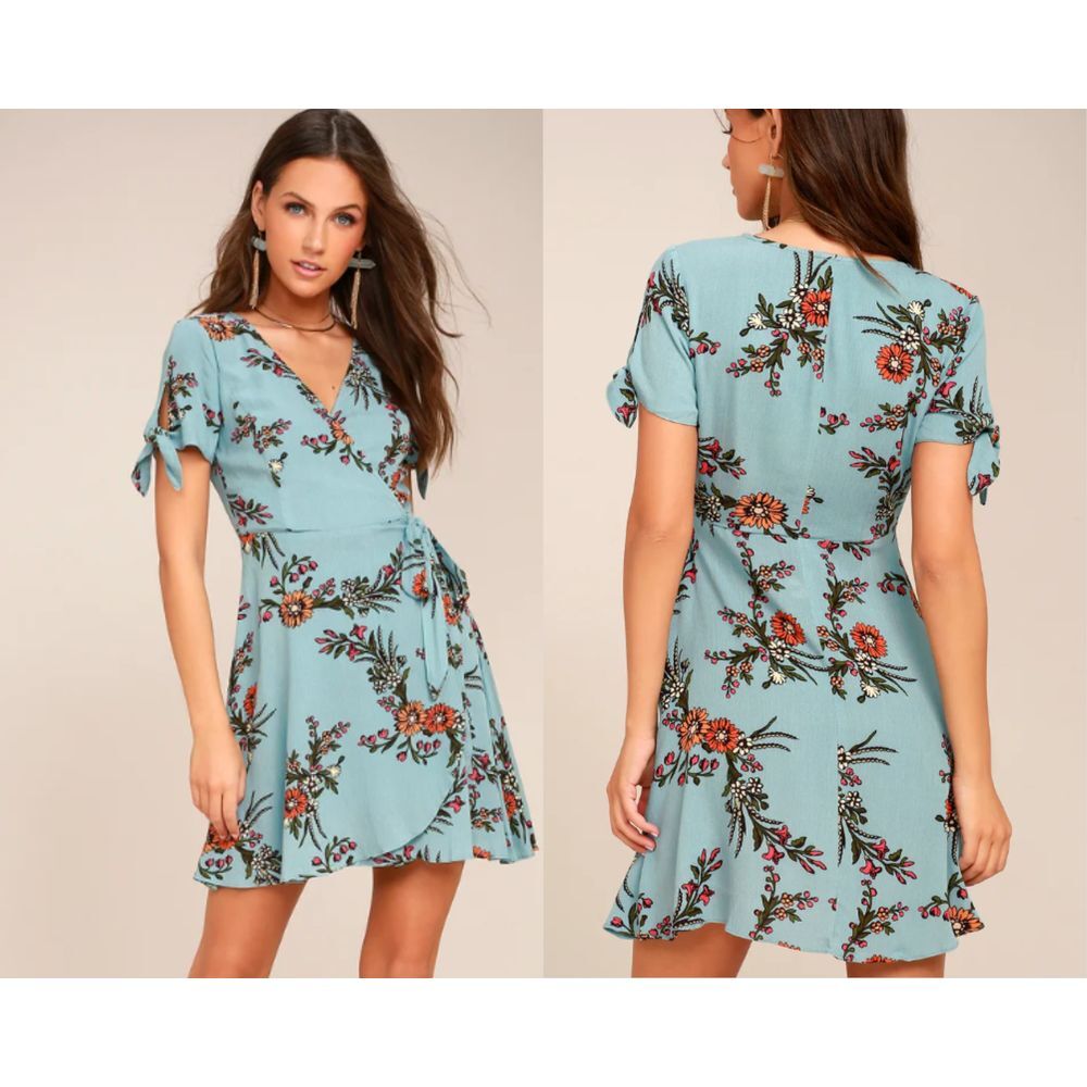 Lulus Kiss and Pastel Light Blue Floral Print Mini Wrap‎ Dress Size Medium
